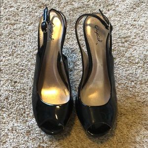 Black patent sling back peep toe heels
